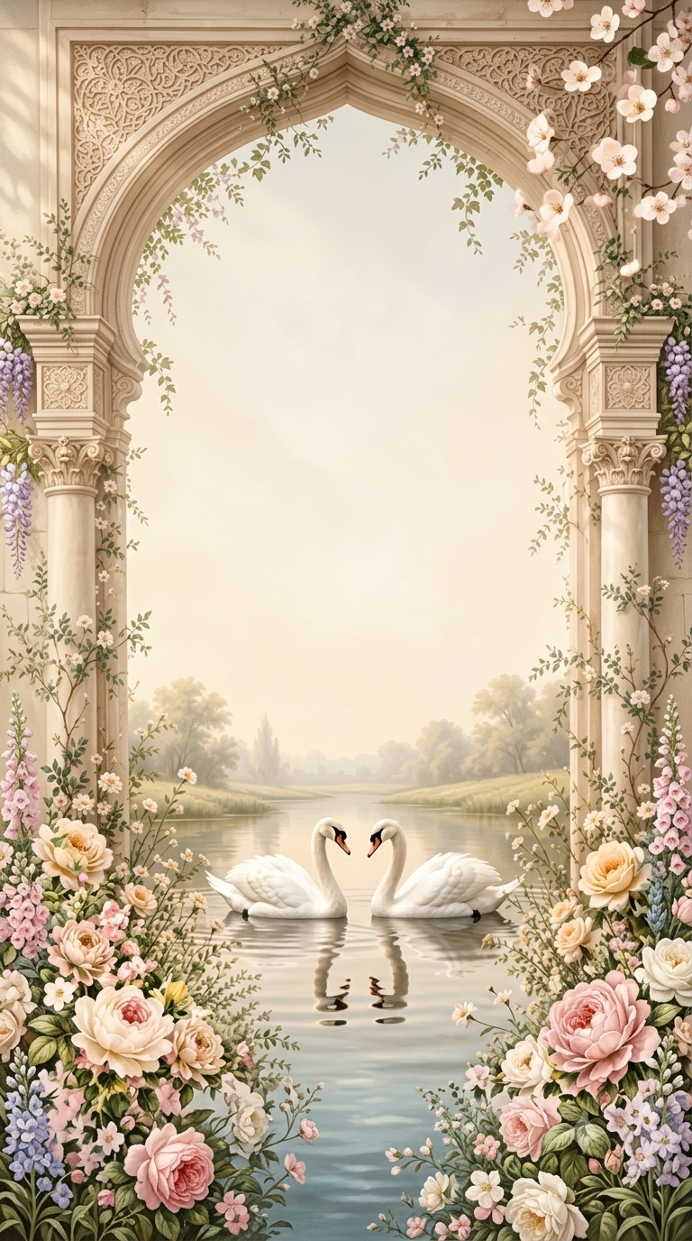 Ornate gold arch over a misty lake with two swans forming a heart